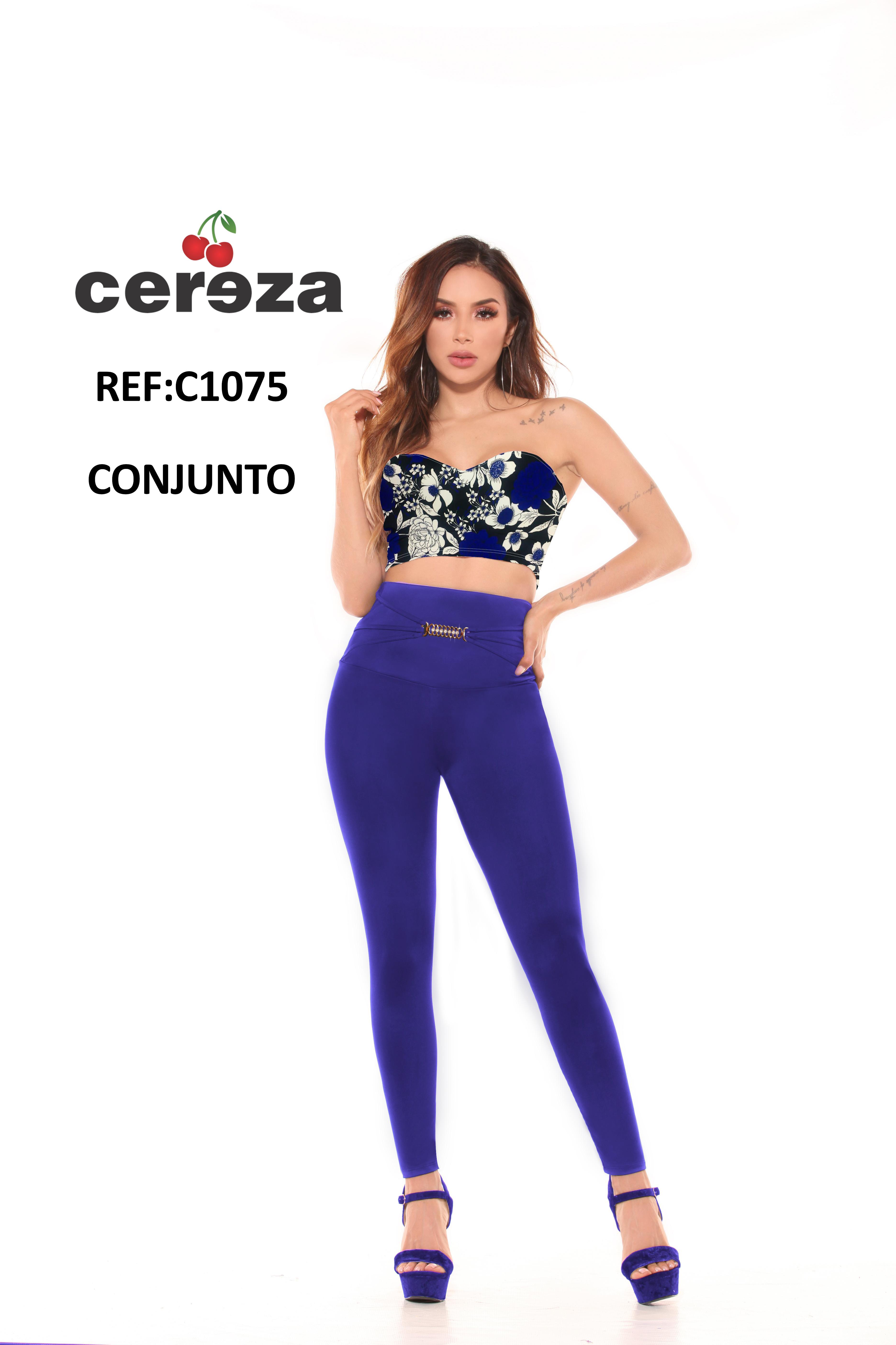 Conjunto Colombiano de Blusa Azul decorado Floral y Pantalón Azul para dama con Cintura Alta y con control de Abdomen