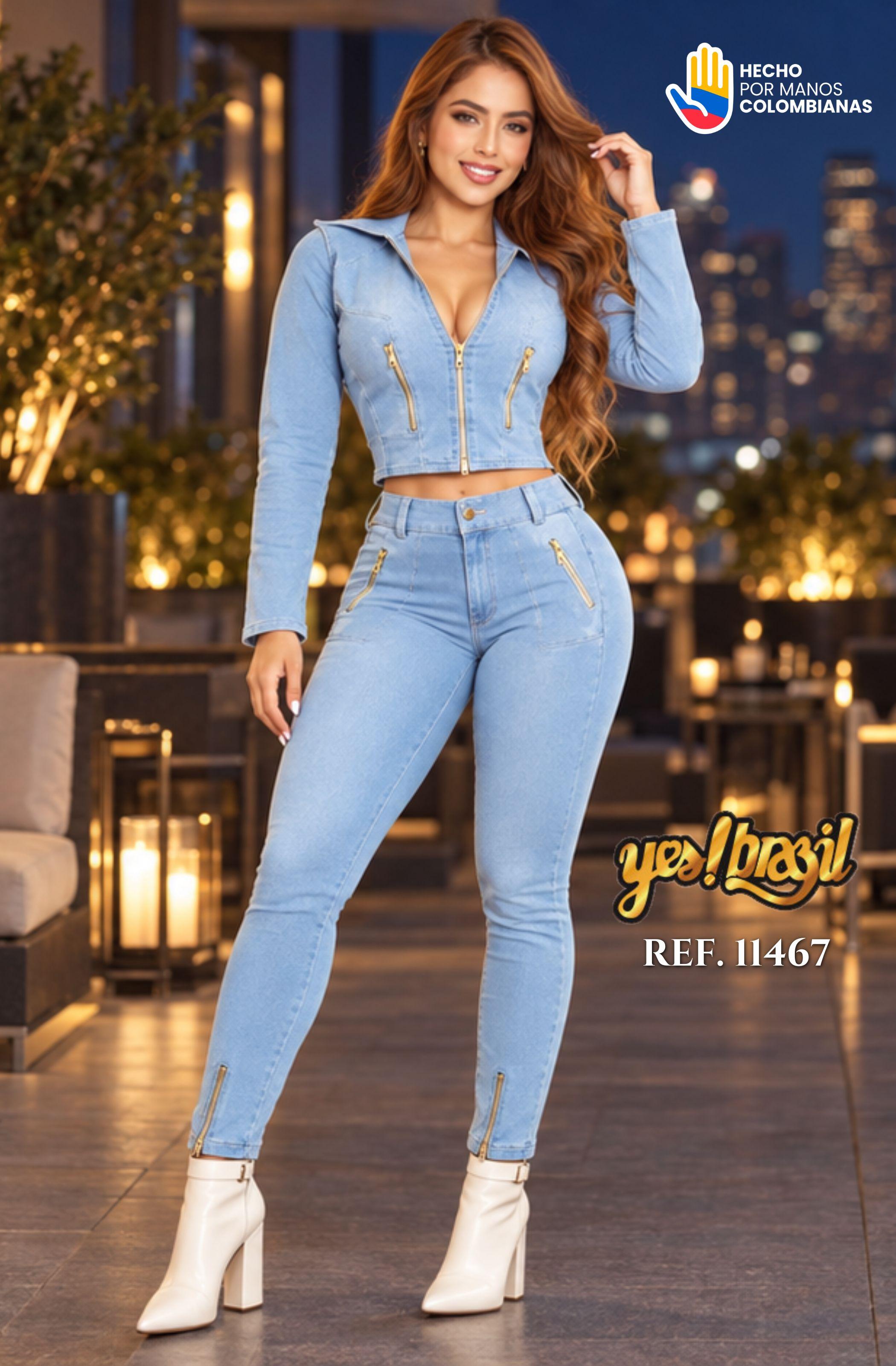 Conjunto Tela Vaquera, Jean Talle Alto Levanta Cola y Chaqueta manga larga
